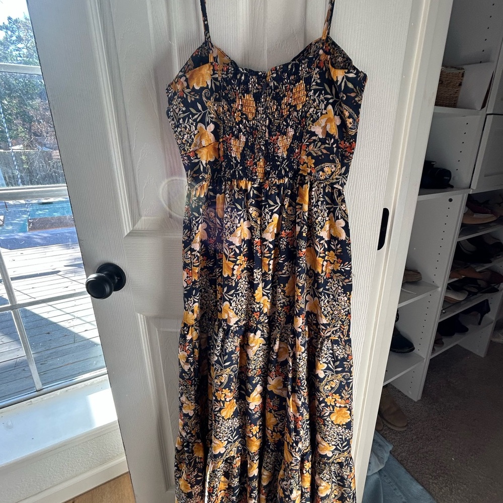 miami navy Maxi Dress with Mustard Floral Print